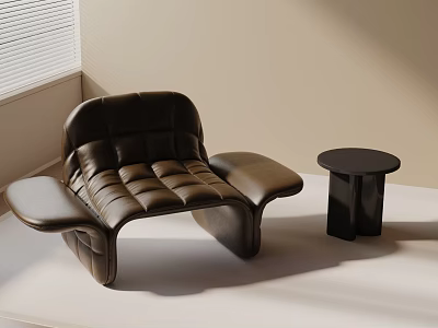 Modern Brown Leather Leisure Chair With Quilted Stitching And Small Round Side Table 3d model