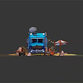 Blue Camper Van With Camping Gear Umbrella Barrel Tire And Rocks
