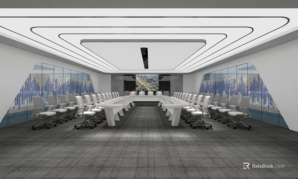 Modern Conference Room Interior With Long Table Multiple Chairs Glass Walls And Ceiling Design 3d model 