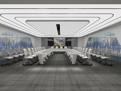 Modern Conference Room Interior With Long Table Multiple Chairs Glass Walls And Ceiling Design 3d model