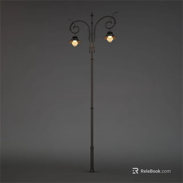 Vintage Style Outdoor Light With Two Decorative Lamp Heads And Metal Pole 3d model 