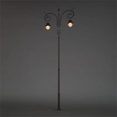 Vintage Style Outdoor Light With Two Decorative Lamp Heads And Metal Pole 3d model
