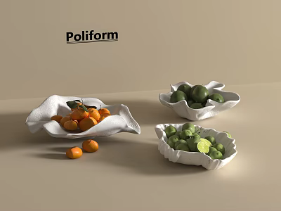 Vibrant Oranges and Limes in White Poliform Bowls on Neutral Surface 3d model