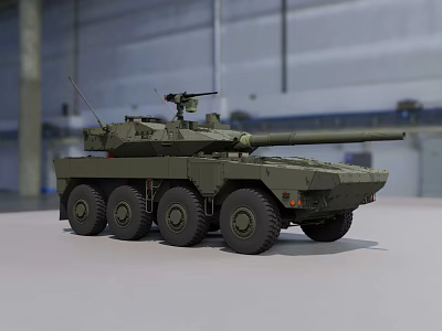 Military Wheeled Armored Vehicle Weapon With Cannon In Indoor Hangar Setting 3d model