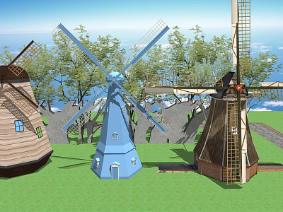 Traditional Windmill Structures With Blue And Brown Towers Green Grass And Trees 3d model