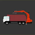 Red and White Garbage Truck Featuring Mechanical Arm and Red Dumpster Bed
