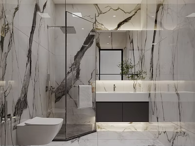 Elegant Modern Bathroom Interior With Marble Walls Shower Enclosure And Large Mirror 3d model