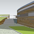 Modern Museum Building with Green Roof Curved Structure and Landscaped Areas