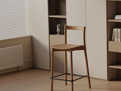 Modern Minimalist Wooden Bar Stool In Home Interior With Bookshelf And Window 3d model
