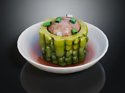 White Bowl with Stuffed Green Bitter Melon Meatball Topped with Green Onions and Red Sauce 3d model