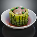 White Bowl with Stuffed Green Bitter Melon Meatball Topped with Green Onions and Red Sauce