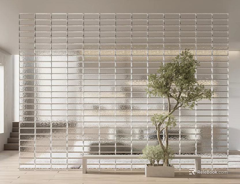 Transparent Grid Wall In Modern Living Space With Tree And Furniture 3d model 