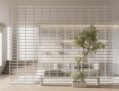Transparent Grid Wall In Modern Living Space With Tree And Furniture 3d model