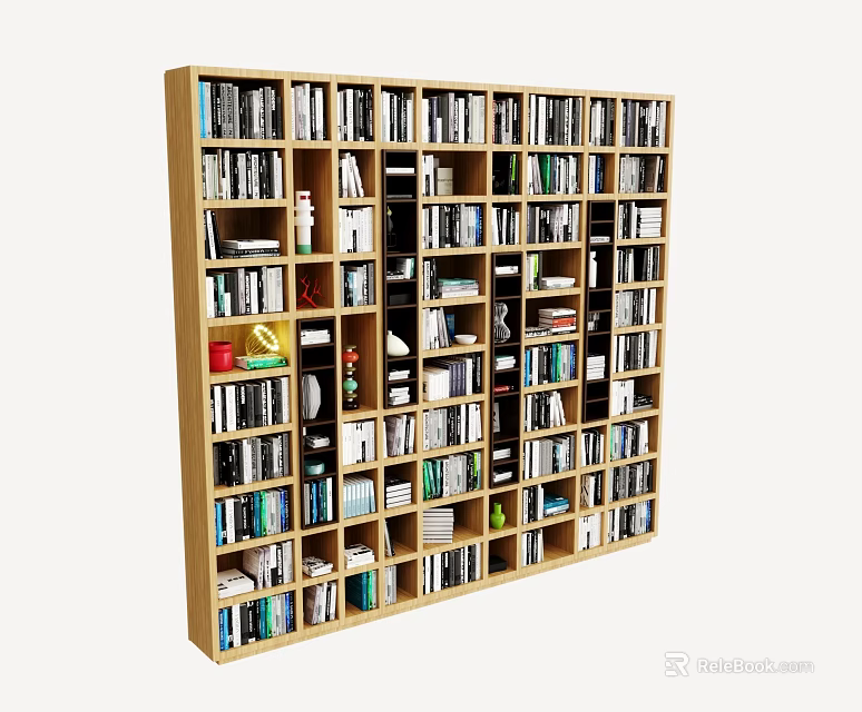 Spacious Wooden Bookcase with Multiple Shelves Filled with Books and Decorative Items 3d model 