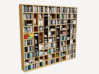 Spacious Wooden Bookcase with Multiple Shelves Filled with Books and Decorative Items 3d model