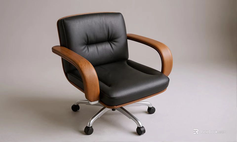 Modern Office Chair With Black Leather Upholstery Wooden Armrests And Metal Base On Wheels 3d model 