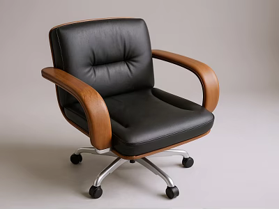 Modern Office Chair With Black Leather Upholstery Wooden Armrests And Metal Base On Wheels 3d model