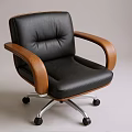Modern Office Chair With Black Leather Upholstery Wooden Armrests And Metal Base On Wheels