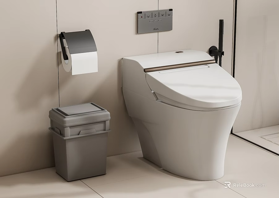 Smart Toilet in Modern Bathroom with Wall Toilet Paper Holder Trash Bin and Control Panel 3d model 