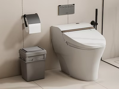 Smart Toilet in Modern Bathroom with Wall Toilet Paper Holder Trash Bin and Control Panel 3d model