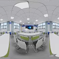 School Modern Classroom With White Desks Green Leg Chairs Large Screen Blue Decorations And Windows