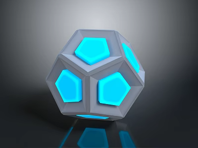 Futuristic Polyhedral Weapon Featuring Blue Glowing Hexagons Gray Frame And Reflective Surface 3d model