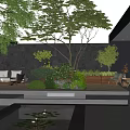 Modern Courtyard Garden Featuring Pond Lily Pads Green Plants Outdoor Furniture and Large Windows