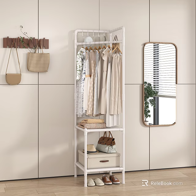 White Freestanding Clothes Rack With Hanging Clothes Storage Shelf And Wall Mirror 3d model 
