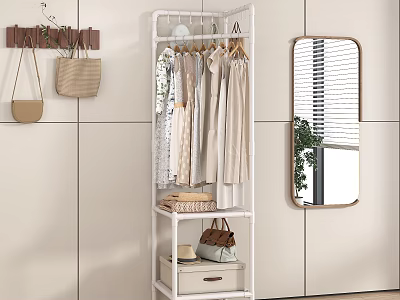 White Freestanding Clothes Rack With Hanging Clothes Storage Shelf And Wall Mirror 3d model