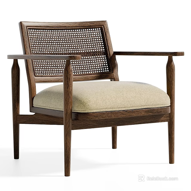 Modern Accent Chair With Walnut Wood Frame Rattan Backrest And Beige Cushioned Seat 3d model 