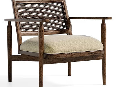 Modern Accent Chair With Walnut Wood Frame Rattan Backrest And Beige Cushioned Seat 3d model