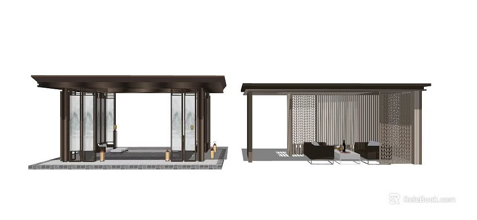 Traditional Outdoor Pavilion With Wooden Structure Lattice Design And Glass Doors 3d model 