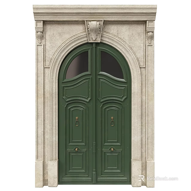Green Double Doors With Decorative Carvings Stone Frame And Arched Top 3d model 