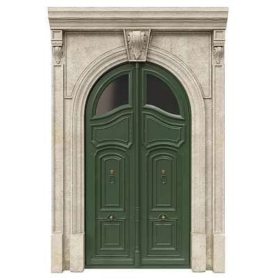 Green Double Doors With Decorative Carvings Stone Frame And Arched Top 3d model