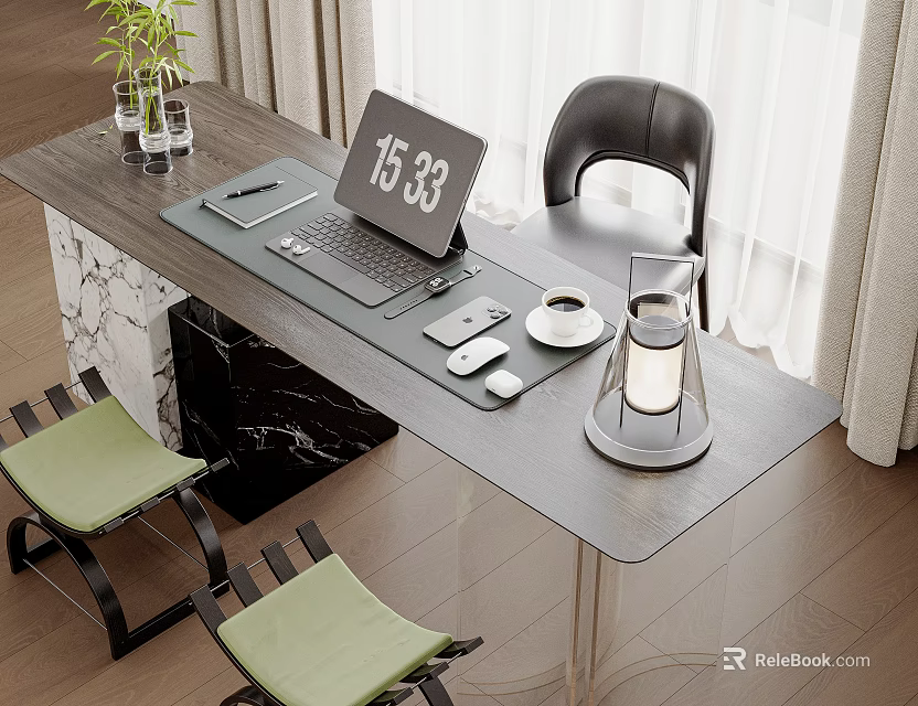 Modern Home Office Desk Setup With Laptop Coffee Cup Kettle And Potted Plant 3d model 