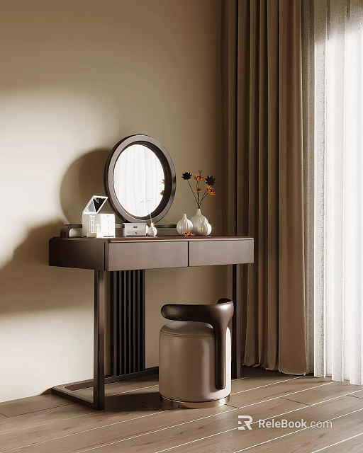 Modern Minimalist Dressing Table with Round Mirror Decorative Accents and Stool in Beige Curtain Setting 3d model 