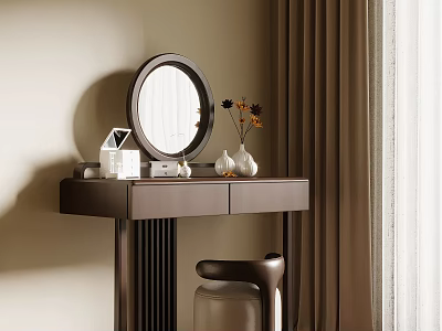 Modern Minimalist Dressing Table with Round Mirror Decorative Accents and Stool in Beige Curtain Setting 3d model