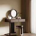 Modern Minimalist Dressing Table with Round Mirror Decorative Accents and Stool in Beige Curtain Setting