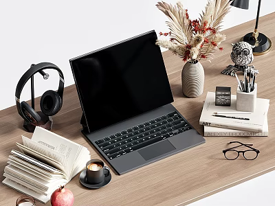 Desk Decorative Ornament Set with Laptop Headphones Dried Flower Vase Books Coffee Cup and Glasses 3d model