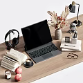 Desk Decorative Ornament Set with Laptop Headphones Dried Flower Vase Books Coffee Cup and Glasses