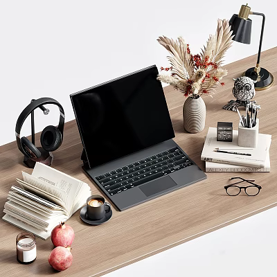Desk Decorative Ornament Set with Laptop Headphones Dried Flower Vase Books Coffee Cup and Glasses 3d model