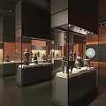 Museum Exhibition Hall Featuring Glass Display Cases Ceramic Vases And Orange Decorative Walls