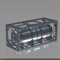 Three Silver Cylindrical Storage Tanks Secured In Metal Frame With Red Labels