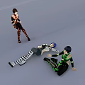 Two Women In Striped Outfits One Standing And One Sitting Near Lying Person