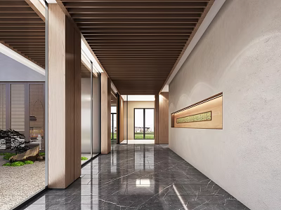 Modern Elevator Corridor With Wooden Ceiling And Marble Flooring 3d model