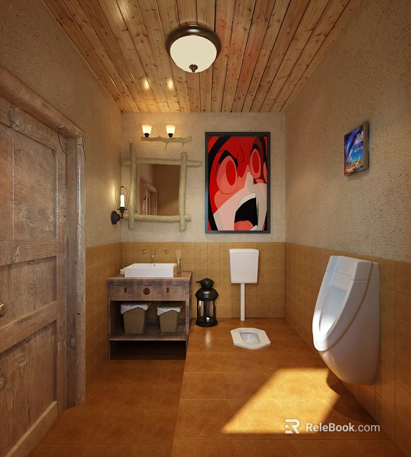 Rustic Hotel Bathroom Interior With Wooden Ceiling Wall Mirror Artwork And Sink 3d model 