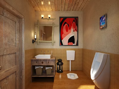 Rustic Hotel Bathroom Interior With Wooden Ceiling Wall Mirror Artwork And Sink 3d model