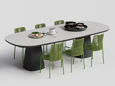 Modern Oval Dining Table With Black Legs And Six Green Woven Chairs 3d model