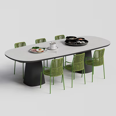 Modern Oval Dining Table With Black Legs And Six Green Woven Chairs 3d model