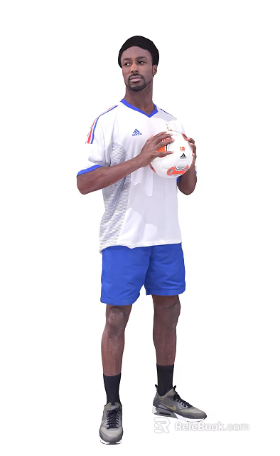 A Man Wearing White Jersey With Blue Sleeves And Blue Shorts Holding Soccer Ball 3d model 
